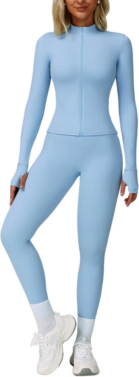 Trainingsset voor dames, trainingsset met lange mouwen en ritssluiting en atletische hoge taille leggings trainingsset