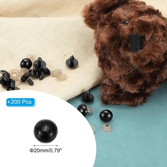 Ogen, 200 stuks kunststof ogen met sluitringen voor pluche dieren, gehaakt speelgoed, poppen, knutselen, zwart — afbeelding 2