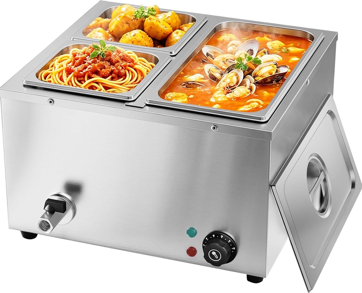 Bain Marie Voedselwarmer, 1500 W, elektrische buffetwarmer, 220 V, smeltpot, professionele commerciële bordenwarmer met 1 x 1/3 en 2 x 1/6 potten (3 pots)
