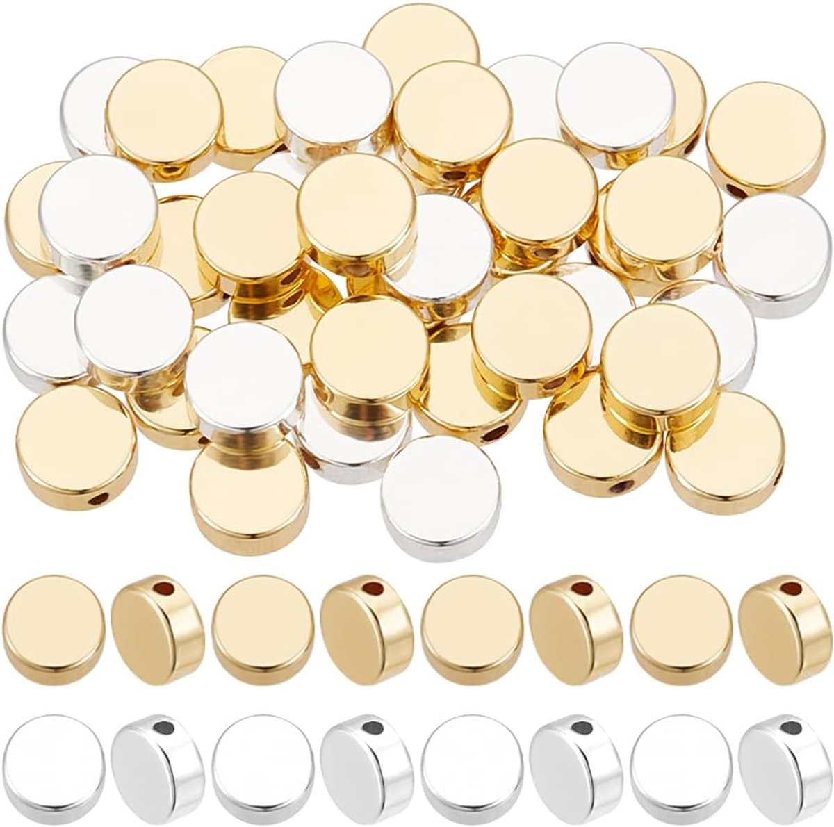80 stks 2 kleuren schijf muntkralen 6mm 18K goud & 925 Sterling zilver geplateerd 1.2mm gat ronde platte muntkralen Gladde losse Spacer kraal voor sieraden maken armbanden ketting Diy