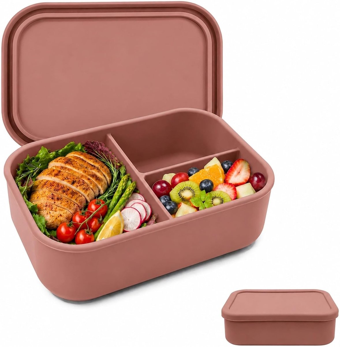 Broodtrommel met vakken, lunchbox, siliconen broodtrommel, 800 ml, voor school, magnetron, vaatwasmachinebestendig, broodtrommel voor kinderen met 3 vakken, BPA-vrij