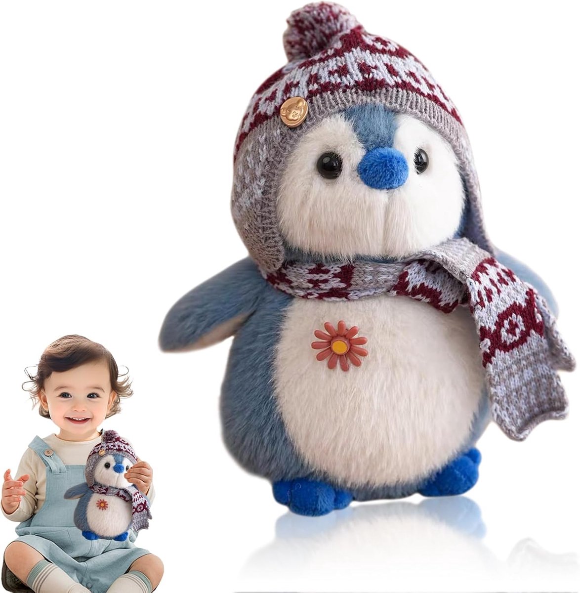 Pluche dier, pinguïnpop op bed, bedpop, pinguïnkussen, schattige pinguïnpop, 20 cm, pluche dierenpop, cadeau, geschikt voor jongens en meisjes (blauw)