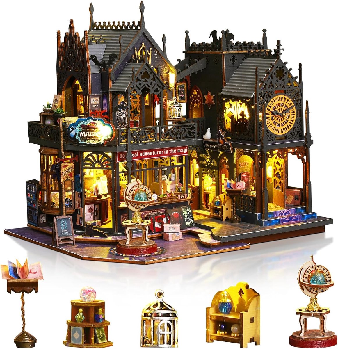Miniatuur huis kit voor volwassenen, klein huis met LED-verlichting | Knusse Home Decor Craft Kit, Uniek cadeau voor Kerstmis, Verjaardagen, Moeder & Valentijnsdag, Magic Castle