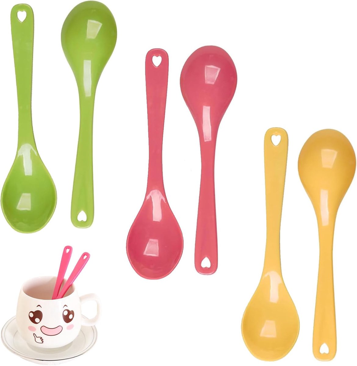 Lepels in gemengde kleuren van PP 11,5 cm, multifunctionele keukenlepels gemakkelijk te reinigen, koffielepels met liefdesgat, voor hete soepen, yoghurt, dessert en meer