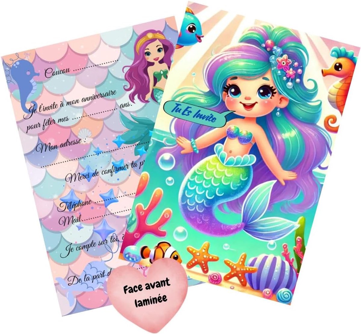 D'Invitation anniversaire Enfants Lot de 10, papier huid-kwaliteit, impression colorée, formaat pratique 10,5 x 14,8 cm, ideaal voor fête - Made in EU (Sirène)