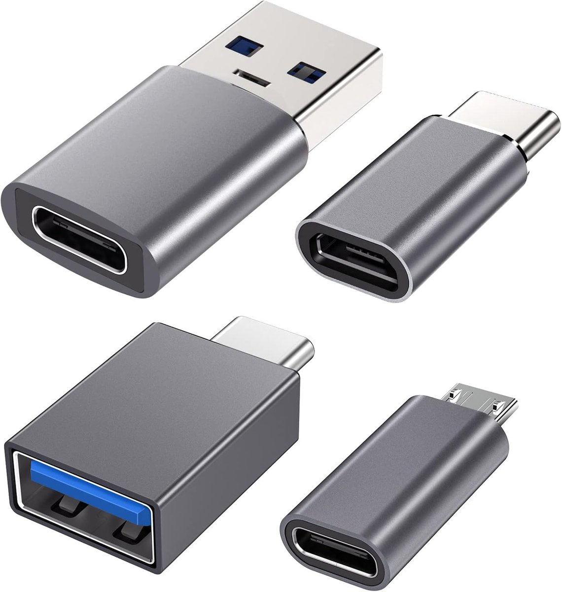 USB C (4 stuks) bus naar USB 3.1 stekker, adapter Micro USB naar type C voor gegevenssynchronisatie, compatibel met iPhone, PC, Samsung, iPad, laptop, MacBook, Google, AirPods