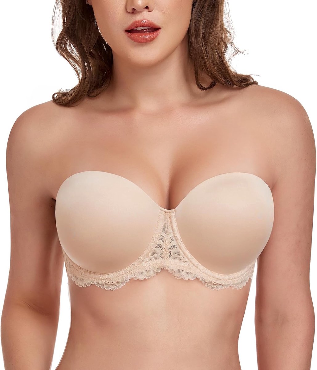 Dames strapless beha volledige cups beugel afneembare bandjes grote maten multiway minimizer beha rood tapijt, kant beige, 80D