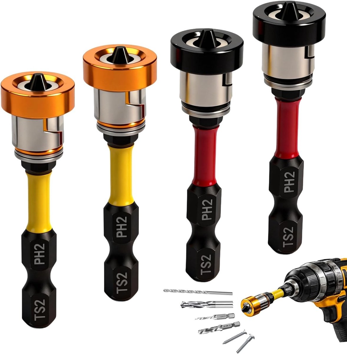 Set van 4 Magnetische PH2 Schroevendraaier Bits 50mm met Aluminium Positioneringsring voor Gipsplaten en Droge Wanden