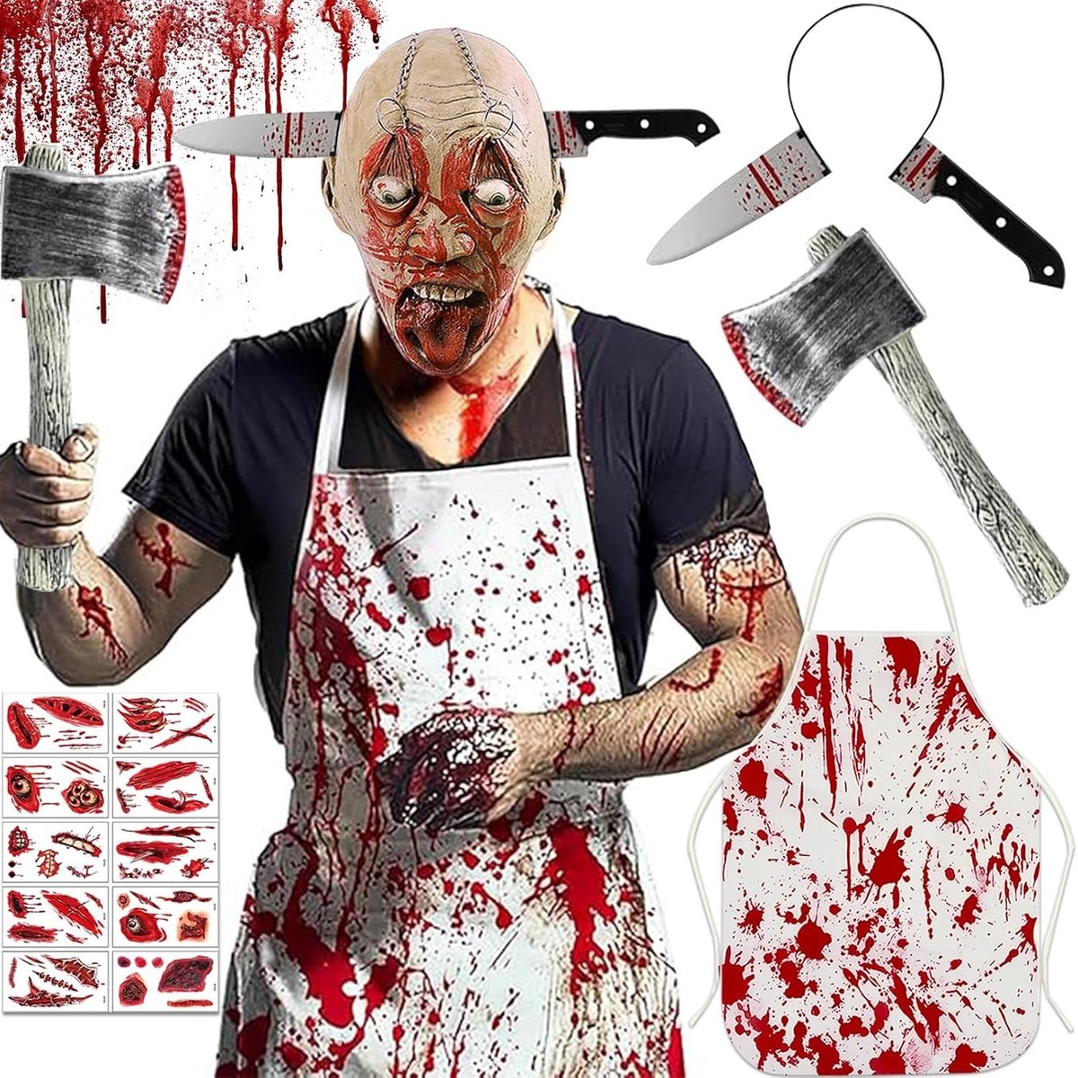 Creepy Slaughter Kostuum voor Halloween met Grote Schort, Haaraccessoires, Littekens en Bijl voor Mannen en Vrouwen op Halloween en Carnaval