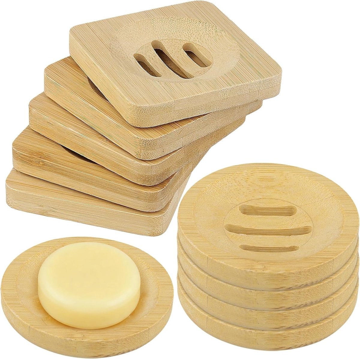 Thijox - 10 stuks houten zeepbakjes vierkant en rond 8 x 1,5 cm, handgemaakt van natuurlijk bamboe, zeephouder voor badkamer en douche