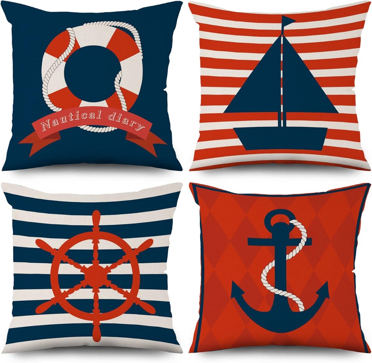 Kussensloop, 40 x 40 cm, set van 4, rood, marineblauw, anker, kompas, zeilboten, bank, sierkussen, kussenovertrek, wasbaar polyester, vlas textiel, outdoor kussensloop