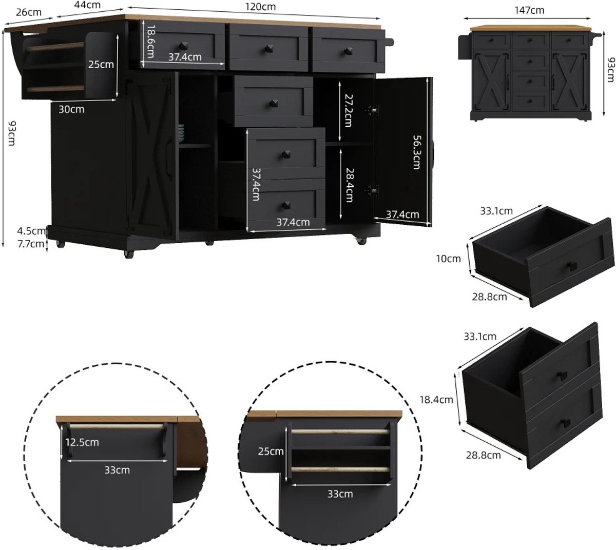 Gudalio Keukeneiland - Buffetkast - Keukenkast - Werkblad keuken - Uitklapbaar - Op wielen - Modern - 120x44-70x93 cm - Hout - Zwart