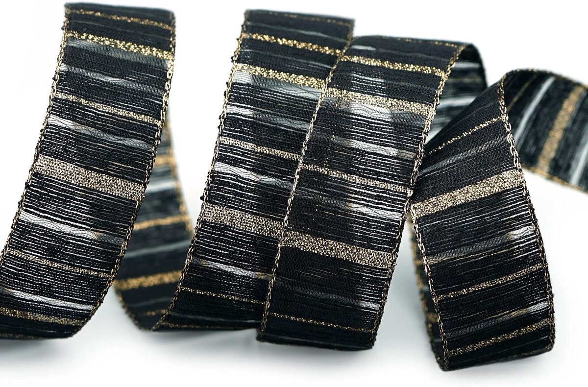 20 m x 25 mm decoratielint matrix gouden strepen zwart lint halftransparant stoffen lint Lurex glanzende vormvaste lint cadeaulint Kerstmis decoreren gestreepte strepen