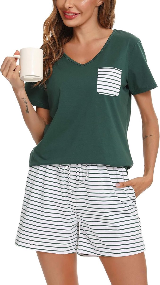 Pyjama’s voor Dames V-Neck Zacht Nachtkleding Zomer Pyjama Set Korte Korte Mouw Loungewear met Zakken Trekkoord