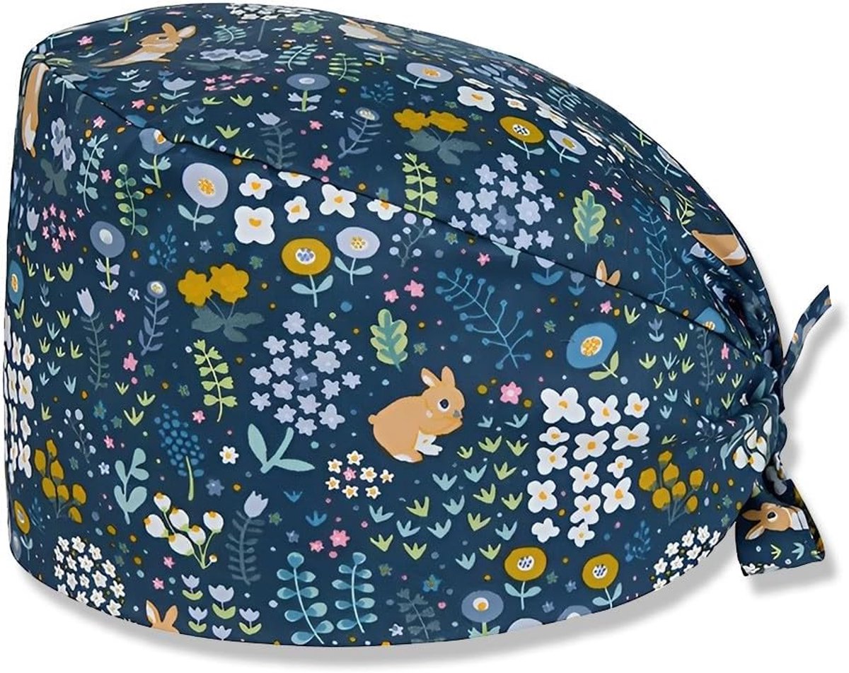 Haube Verstelbaar Werkkappe Katoenen Print Verpleegkundigen Kappe Op Hauben Dames Heren Stofkap Kappe Voor Artsen, Verpleegkundigen, Op Haube Stof, Haas (donkerblauw)