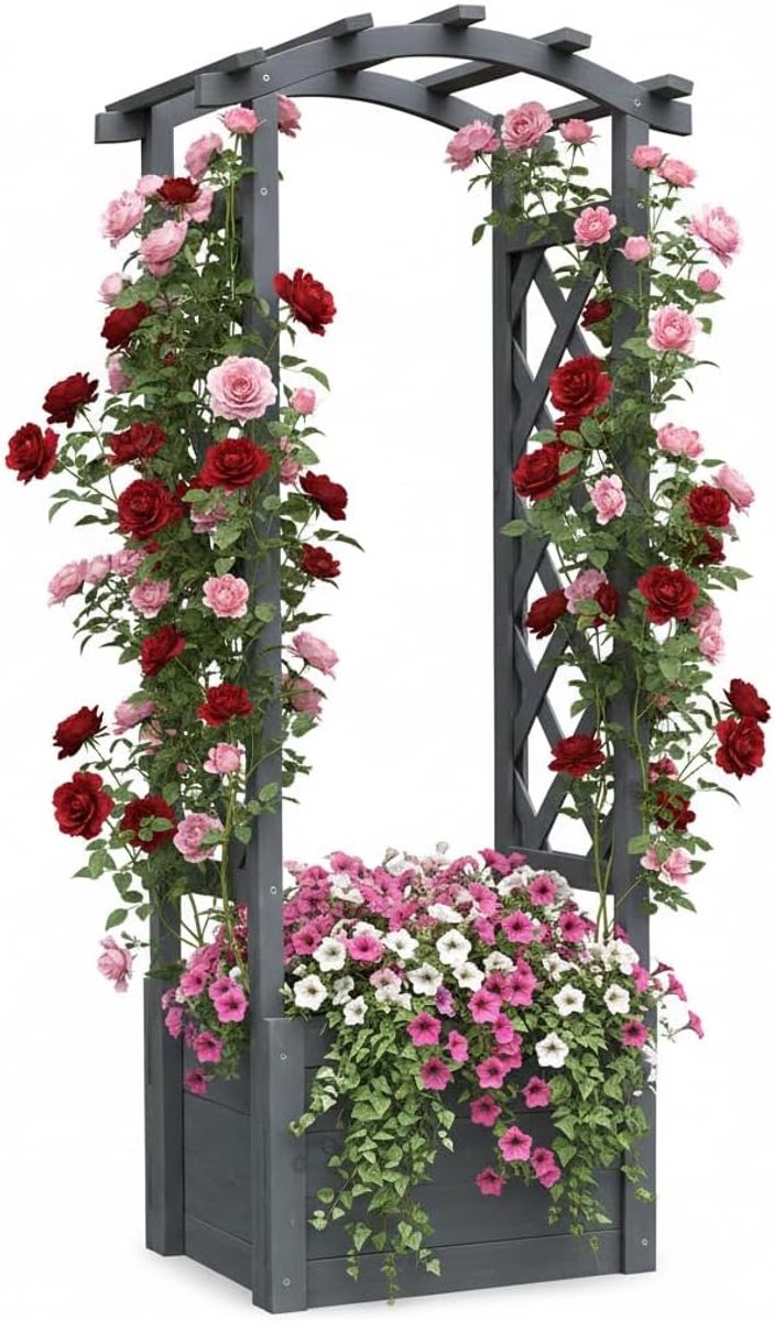 Rankgitter met plantenbak houten rozenboog 48 x 39 x 129,5 cm tuinboog rankgestel rozenzuil