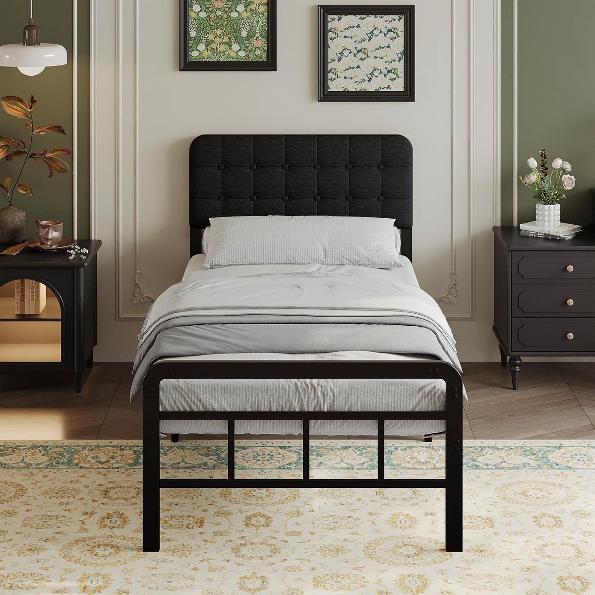 Metalen Bedframe 90 × 200 cm met Zwart Gestoffeerd Hoofdeinde | 36 cm Hoog, Stevige Stalen Lattenbodem, Geluidsvrij, Ruime Opbergruimte onder het Bed, Eenvoudig te Monteren