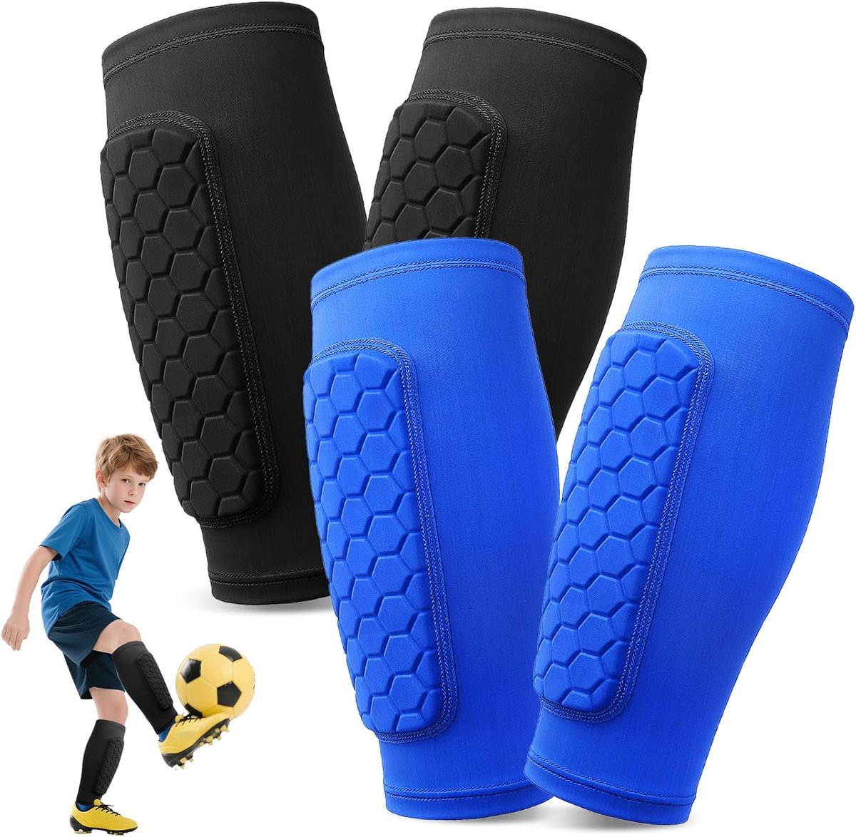 Scheenbeschermers voor Kinderen en Volwassenen, Kuitbescherming Ademend en Antislip, Voetbal Scheenbeschermers met Honingraatstructuur voor Jongeren Heren