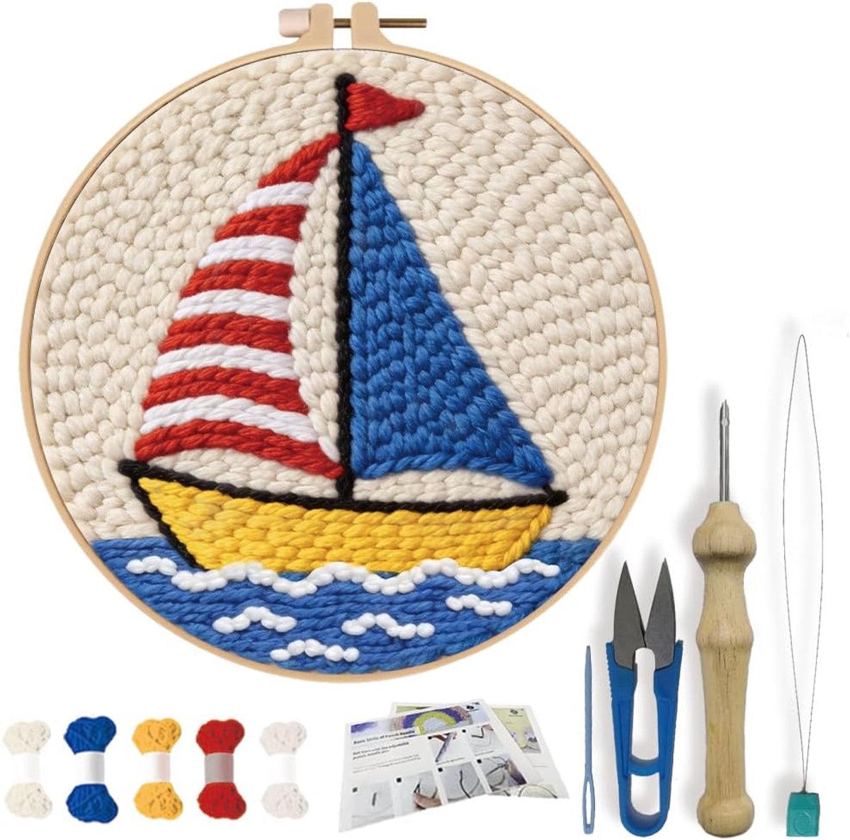 Punch Naald Kit voor Beginners Zeilboot Borduurwerk Punch Naald Starter Craft Set met Instructies Borduurwerk Hoepel Compleet Gereedschap voor Volwassenen Gift Decoratie, 20 cm
