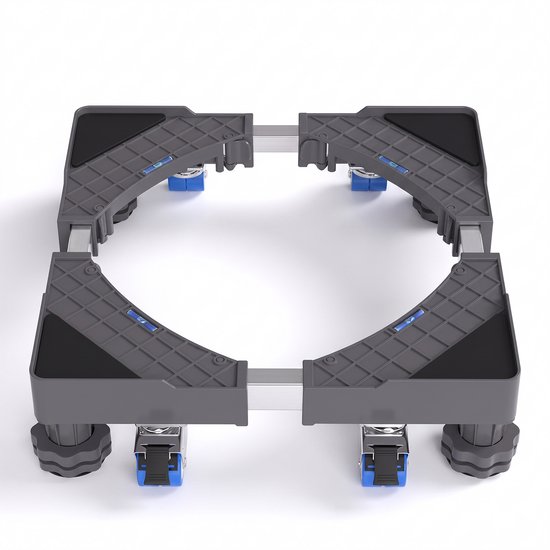 Verstelbare wasmachineverhoger met wielen, 45-75 cm breed, gemaakt van grijs plastic en metaal.