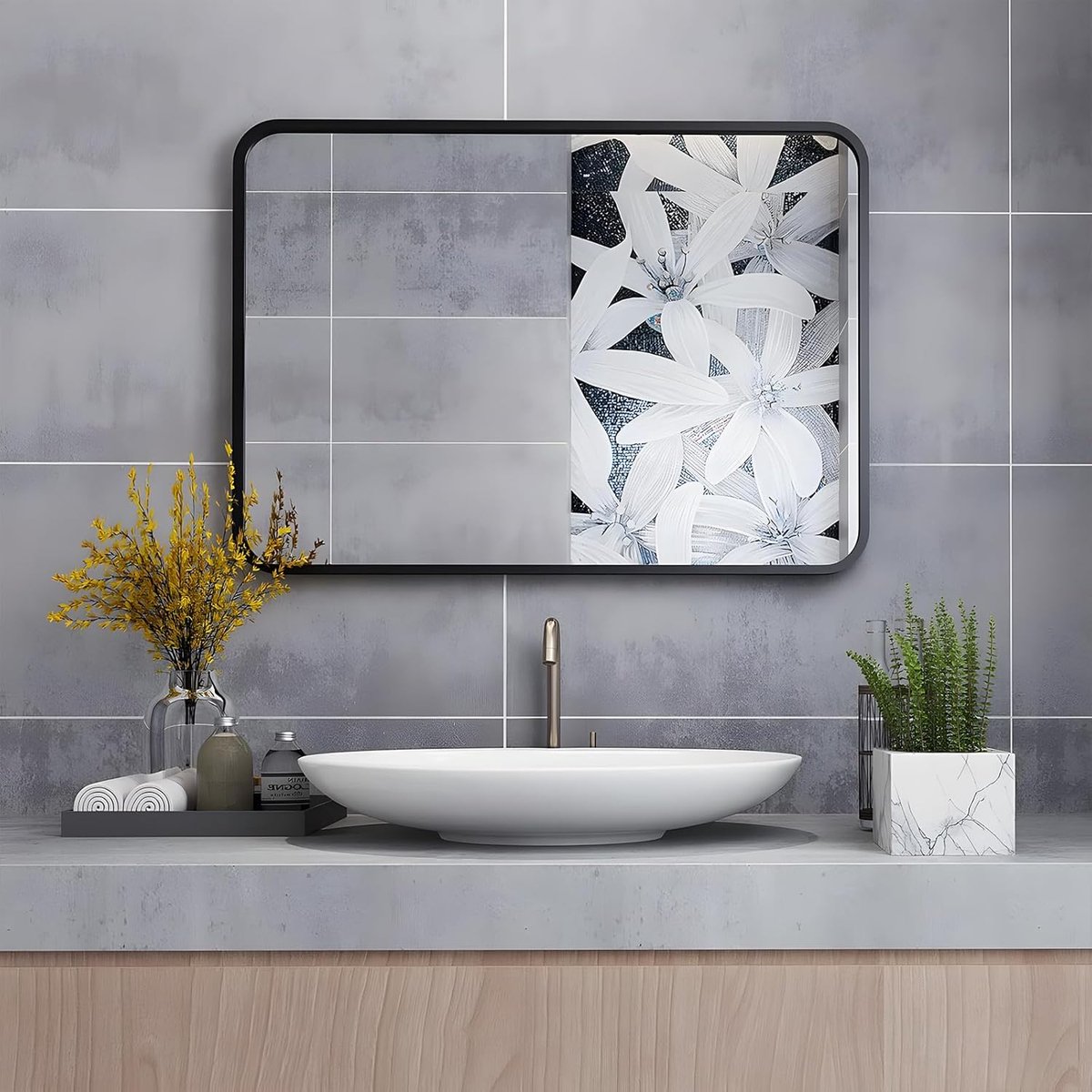 Badkamerspiegel 80x60cm Badkamer spiegel Zonder Licht Rechthoekige Spiegel Zwart Metalen Frame muur spiegel Badkamer, Woonkamer, Wc 600x800mm
