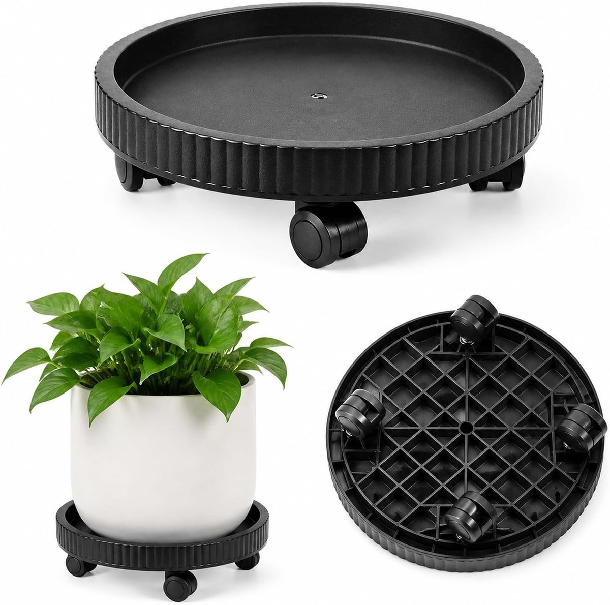 Plantenroller, rond, 40 cm, ronde bloempot-onderzetter met 360° draaiwielen, zware belasting, plantenroller voor bloempotten binnen en buiten