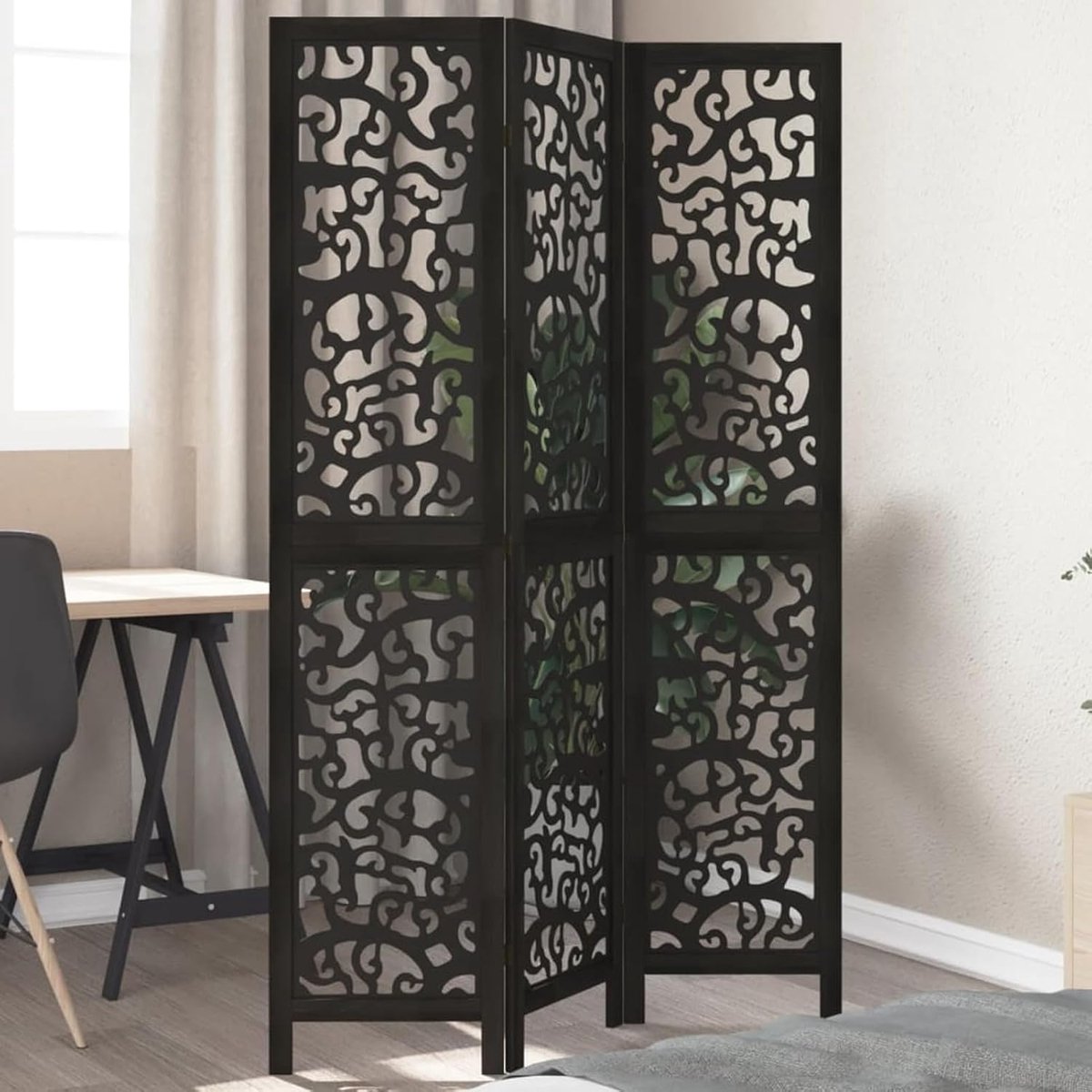 Zwart gevouwen ruimteverdeler van massief paulownia-hout, ideaal voor privacy en zonwering, 105-110 x 180 cm 358750