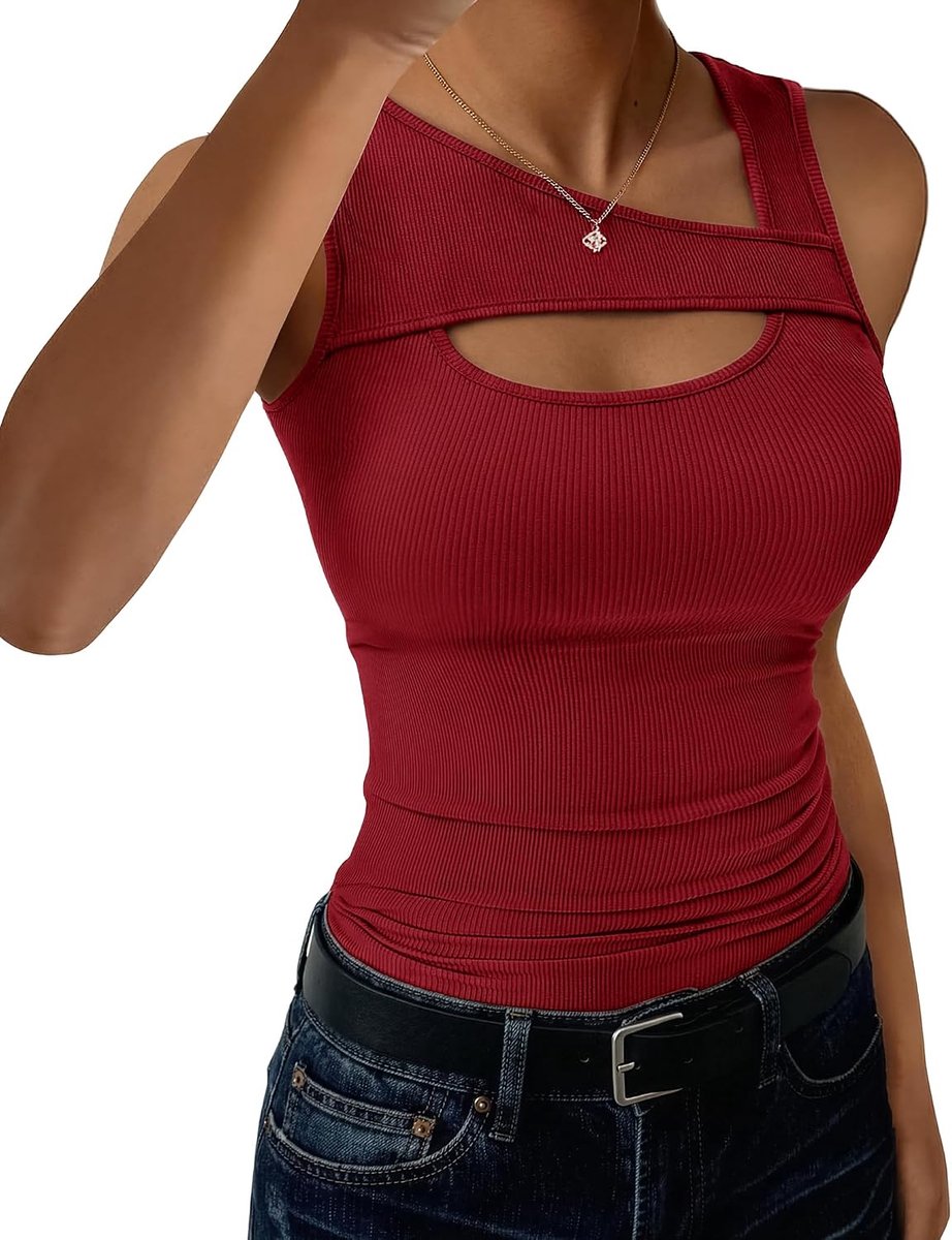 Tanktop voor dames met asymmetrische hals, zomer, basic, tanktop, slim fit, elastisch, brede schouders, geribbeld, mouwloos, effen, sexy