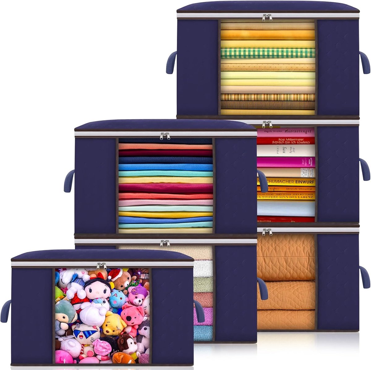 6 Pack Kleding Opbergzakken, 90L Quilt Opbergtas, Non-Woven Onderbed Opbergtas met Verstevigd Handvat voor Beddekens Kussens Speelgoed (Blauw)