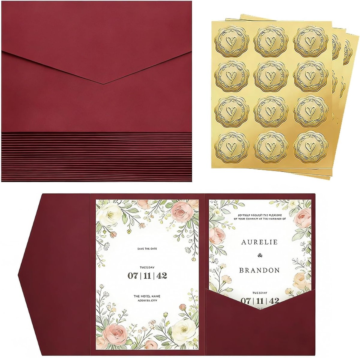 25 stuks kraftpapier Pocketfold enveloppen en zelfklevende waszegels, envelop uitnodigingskaarten, uitnodigingskaarten voor bruiloft, Pocketfold kaart, voor verjaardagen, rood