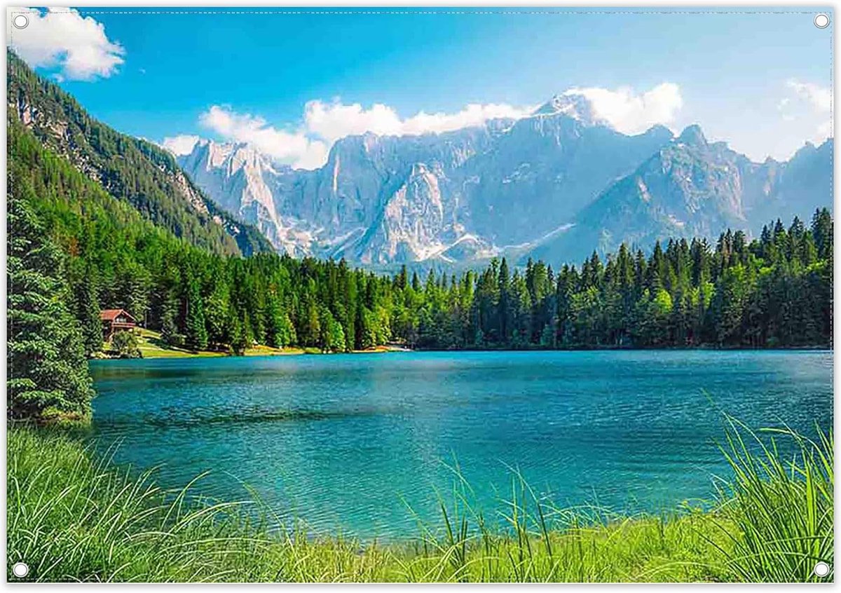 2,1 x 1,5 m natuurlijke polyester achtergrond met rustig Alpenmeer, berglandschap, blauwe hemel, banner, verjaardagsdecoratie, camping, rekwisieten voor fotocabine.