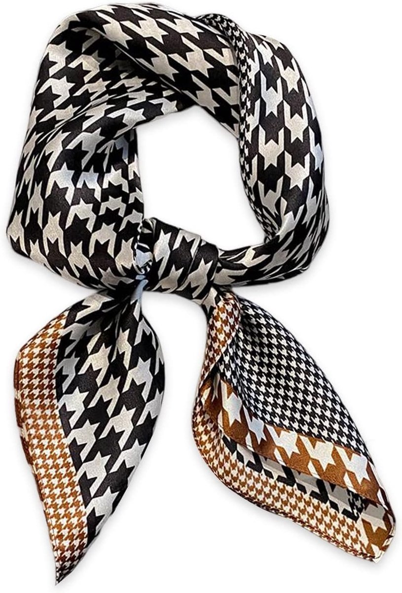Zijden Sjaal Vrouwen Vierkante Sjaal 70 × 70 cm Houndstooth Paisley Patroon Satijnen Sjaal Halsdoek Bandana Hoofdtooi Haarband, Zwarte Houndstooth, one size