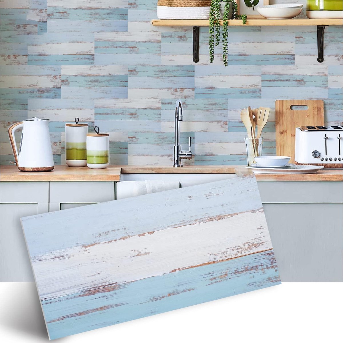 Vinyl vloer of muur tegelsticker, antislip tegel stickers met plakkende achterkant voor keuken, badkamer. Zelfklevende pel-en-plak PVC vloer sticker doe-het-zelf, blauw en turquoise, 30 x 15 cm x 12 stuks set