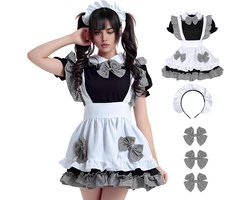 Dress, schattige maid outfit, zwart-wit geruit maid kostuum Anime cosplay, klassieke maid cosplay jurk met hoofdband, Kerstmis, Halloween, party, carnavalskostuum