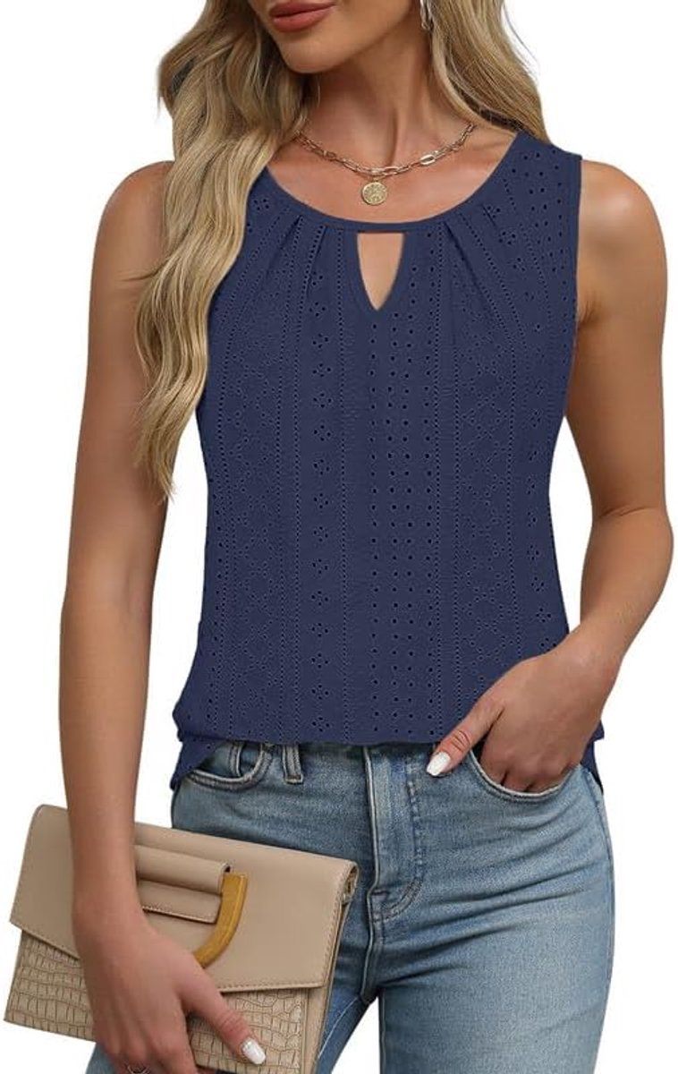 Mouwloos T-shirt voor dames, zomer, tanktop, elegant, geborduurd, met oogjes, vest, chic, ronde hals, T-shirt, casual, los, shirt, blouses, basic, camisole