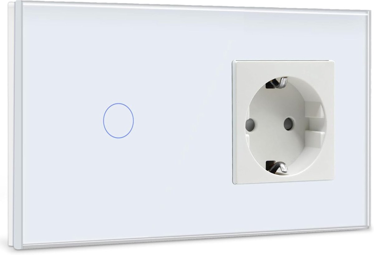 Touch Lichtschakelaar met stopcontact, gehard glas paneel met LED-indicator,1 Voudig 1 Weg Schuko stopcontact met lichtschakelaar Wit, geen neutrale draad 500W
