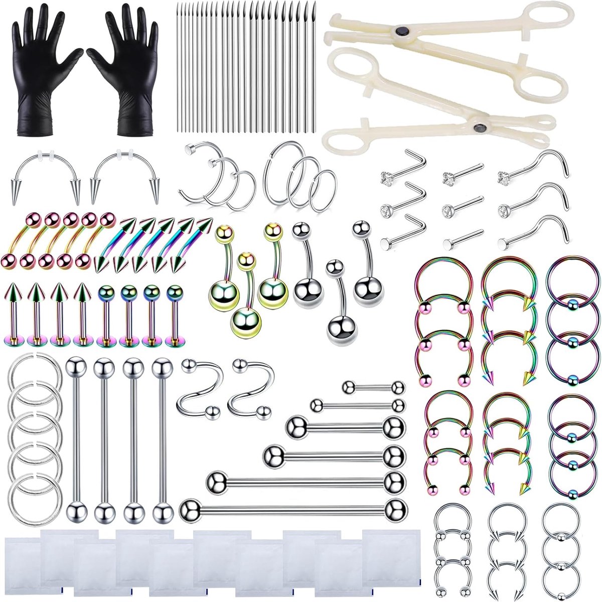 124 stuks body-piercingset, voor de neus van de buikknoop van de tong van het hele lichaam, piercing-toolkit met 12 g, 14 g, 16 g, 18 g, 20 g piercingnaalden