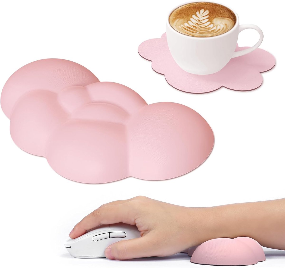 Shark roze (Flesh Pink) wolkvormige muis polssteun met onderzetter, ergonomisch traagschuim muismat met massagegaten om pijn te verlichten, polssteun voor muis, leuke bureauaccessoire voor
