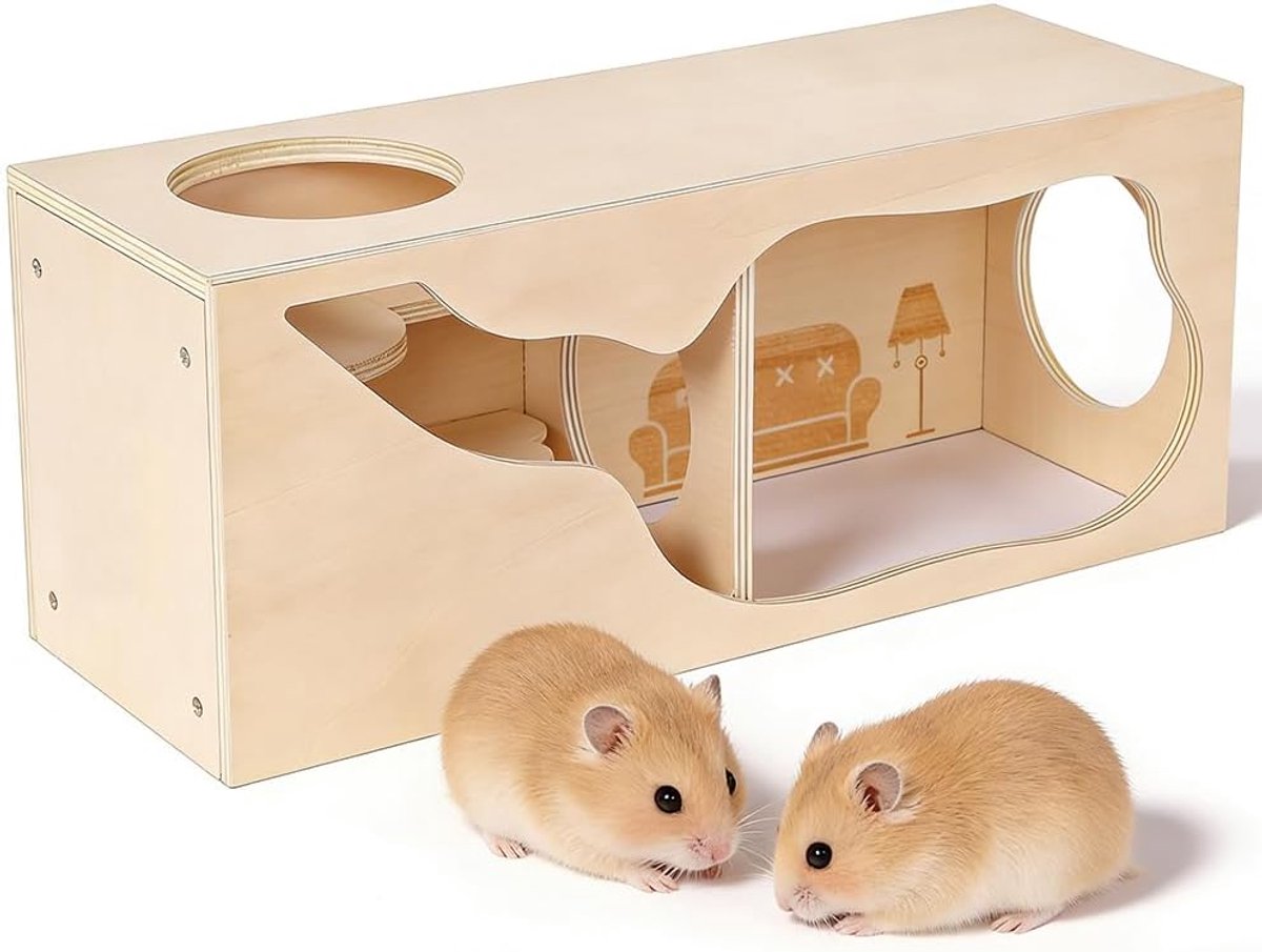 Hamster – hamster huis kooi accessoires, houten huis verstopplaats met tunnel verkenningsspeelgoed voor dwerghamsters, Syrische hamsters, gerbils & egels (woonkamer)