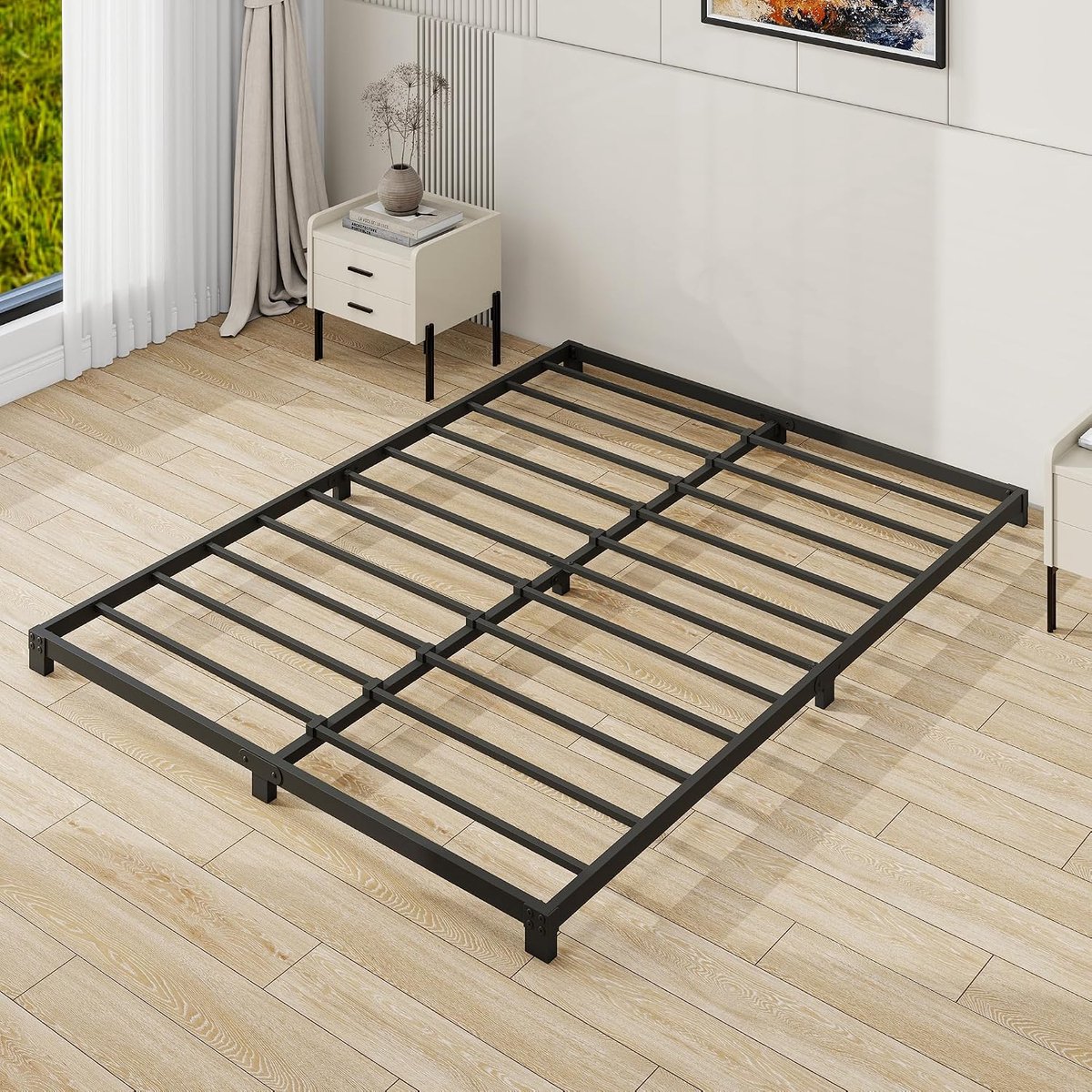 Platformbed van metaal, bedframe 140 x 200 cm, hoogte 8 cm, metalen bed met lattenbodem van metaal, modern, voor volwassenen, kinderen, jongeren, eenvoudige montage, tweepersoonsbed, zwart