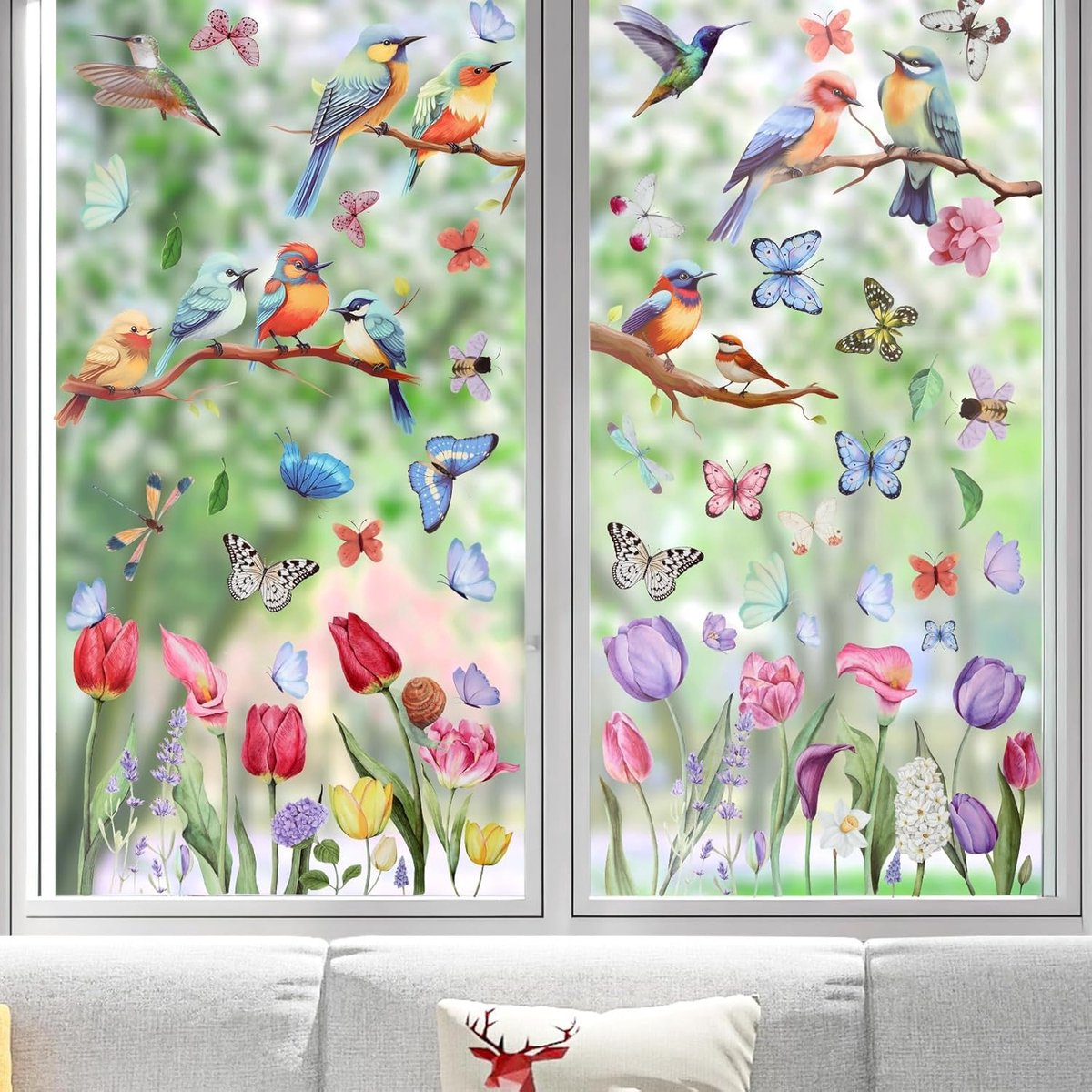 Raamafbeeldingen vogels, 9 vellen, 76 stuks, zelfklevende raamstickers, vogelstickers, raam, lente, vogeltakken, bloemen, raam, herbruikbaar, slaapkamer, balkon, woonkamerdecoratie