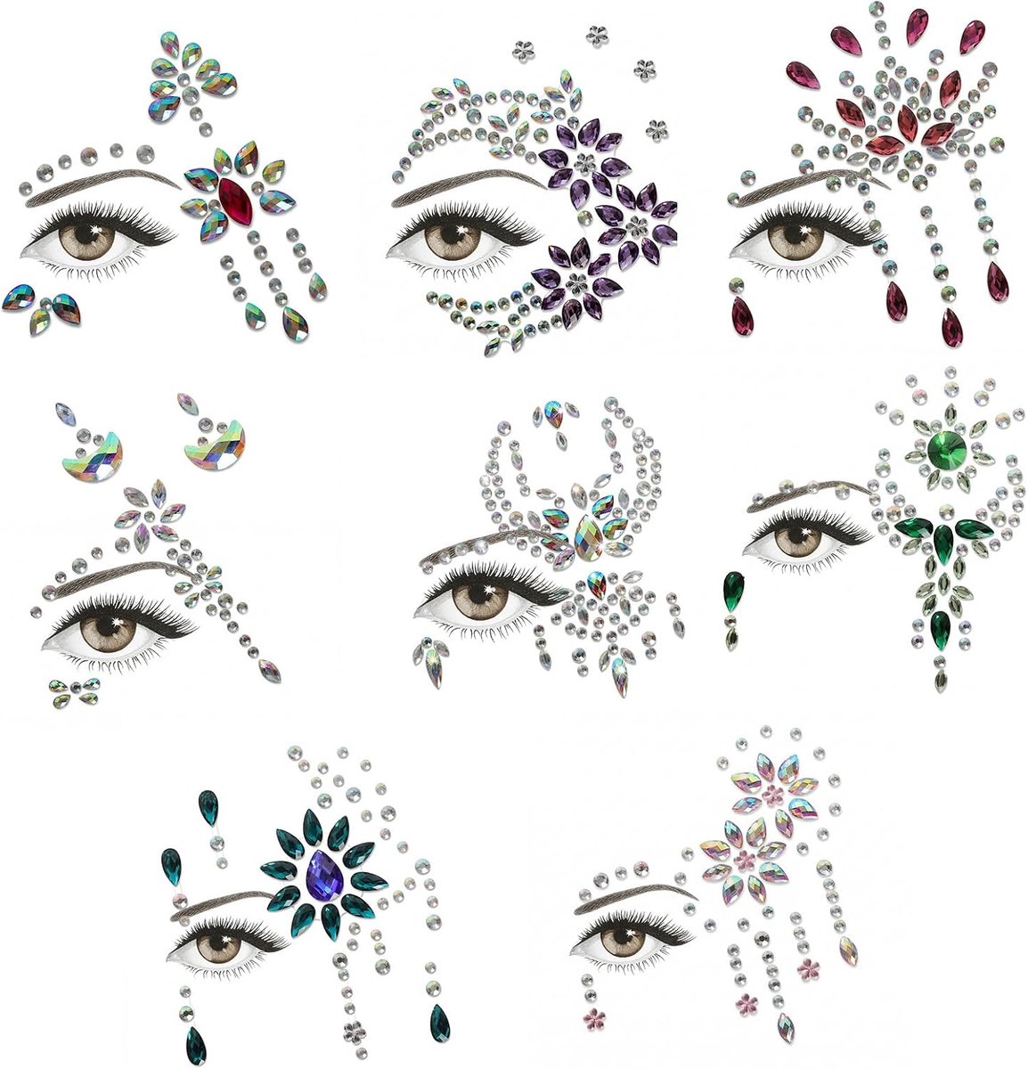 8 stuks Glitzersteentjes voor gezicht, zelfklevende glittersteentjes voor gezicht, strass steentjes voor gezicht en ogen, zelfklevende steentjes voor gezicht voor festival, carnaval, feest