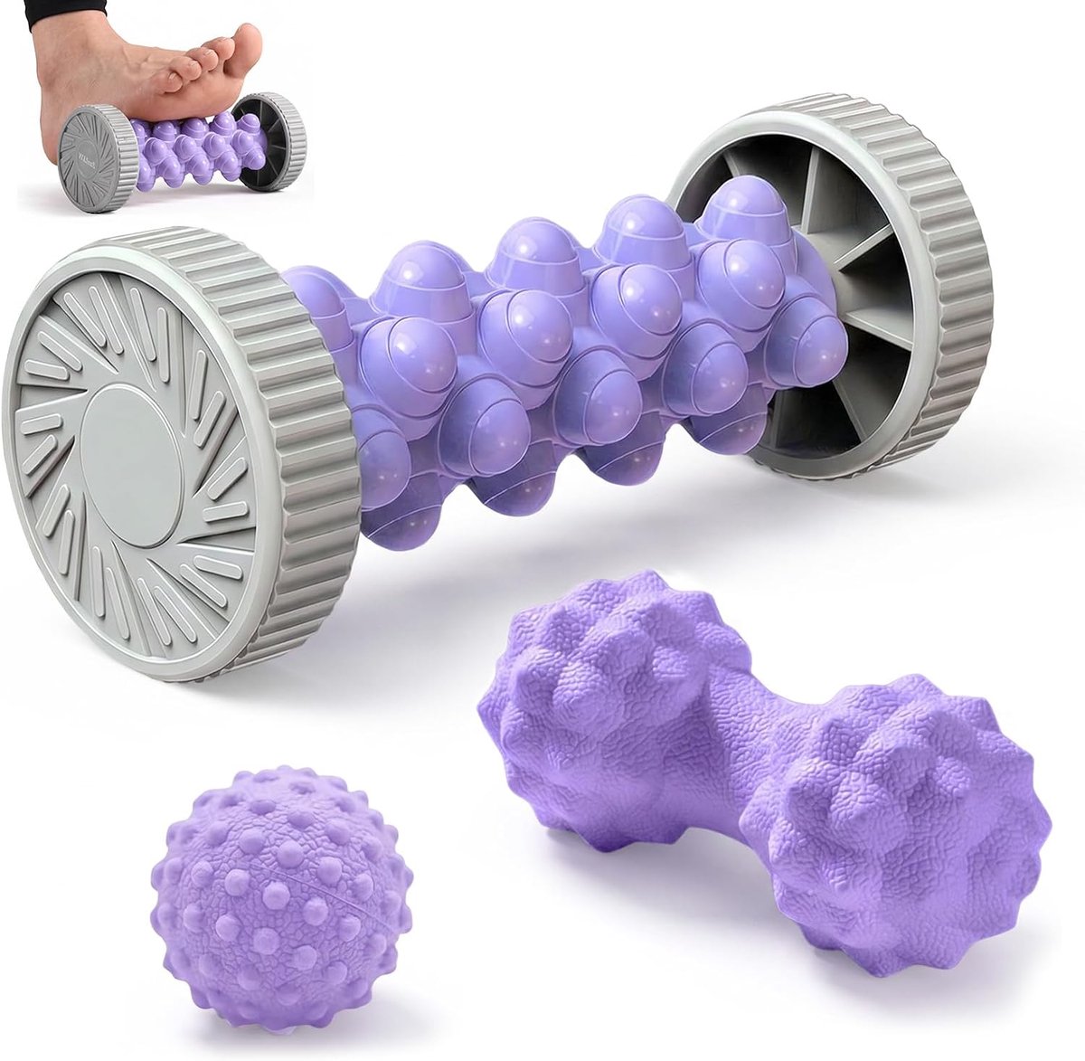 2 stuks voetmassageroller voor plantaire fasciitis, fasciarol voet, draagbare voetmassageroller met noppen voor hand en voet, hielpijn, stressvermindering en ontspanning, grijs en roze