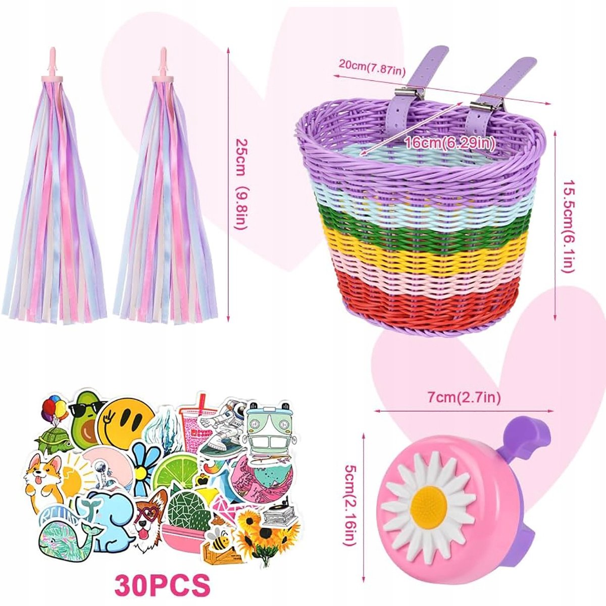 Kinderfietsmandenset met franjes en stickers - Markless