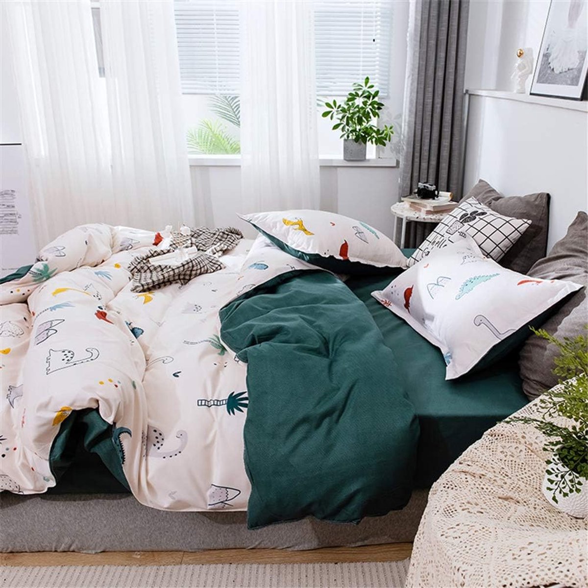 Beddengoed 180 x 220 cm, 3-delig, microvezel beddengoedset met ritssluiting + 2 kussenslopen 50 x 75 cm, bedgarnituur, dekbedovertrek voor kinderen, met dinosaurus, cartoonpatroon, wit/groen