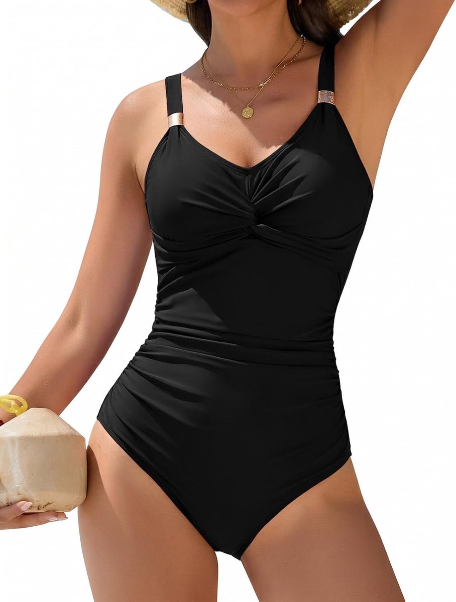 Badpak voor dames, sexy, push-up, eendelig, gedraaide knopen, V-hals, met metalen versieringen, badpak voor zwembad en strand