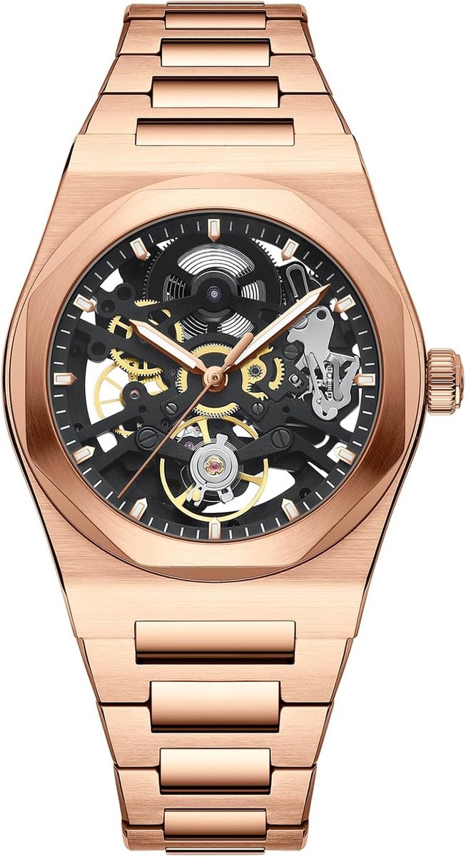 Herenhorloge, skelet, automatisch uurwerk, precisie (38,5 mm), van 316L staal, waterdicht 10 ATM, krasbestendig saffierglas