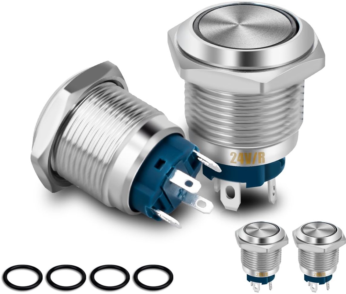 4 stuks drukknopschakelaar Waterdichte 24V SPST AAN/UIT schakelaar voor 16mm montagegat 4 Pin metalen vergrendeling schakelaar met rode LED ring licht