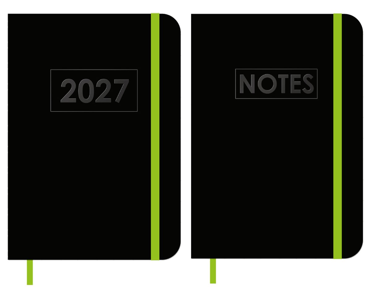 MGPcards - A6 Agenda 2027 - Weekoverzicht 1w/2p - Zwart + Groen elastiek - 10,5 x 14,8 cm + Notitieboekje/opschrijfboekje - gelinieerd - 80 pagina's - A6 - Zwart-Groen