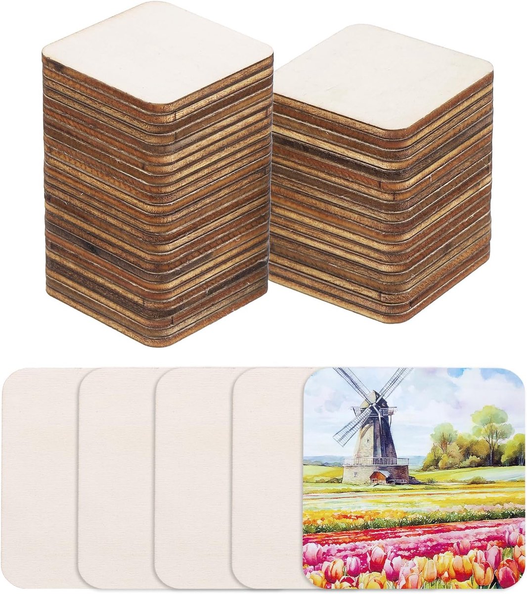 Hout om te knutselen, 50 stuks, 4 cm, afgeronde vierkante houten schijven, decoratie om te beschilderen, voor bruiloft, doe-het-zelf knutselen, brandschilderen, cadeau, kerstversiering